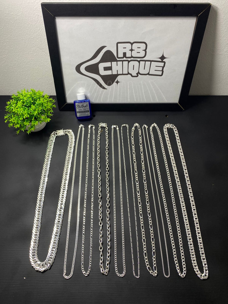 Kit Revenda | 10 Correntes / 1 - 17MM / 2 - 3MM / 2 - 5MM / 4 - 8MM / 1 Limpa Pratas (BRINDE)